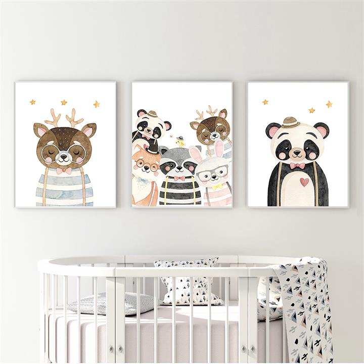 تابلو کودک و نوزاد مدل Elfap_Watercolor Animals Bear Panda مجموعه 3 عددی